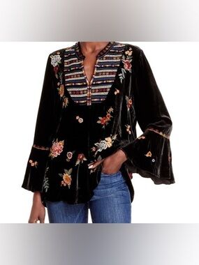 Johnny Was Black Velvet Embroidered Boho Blouse Size XS